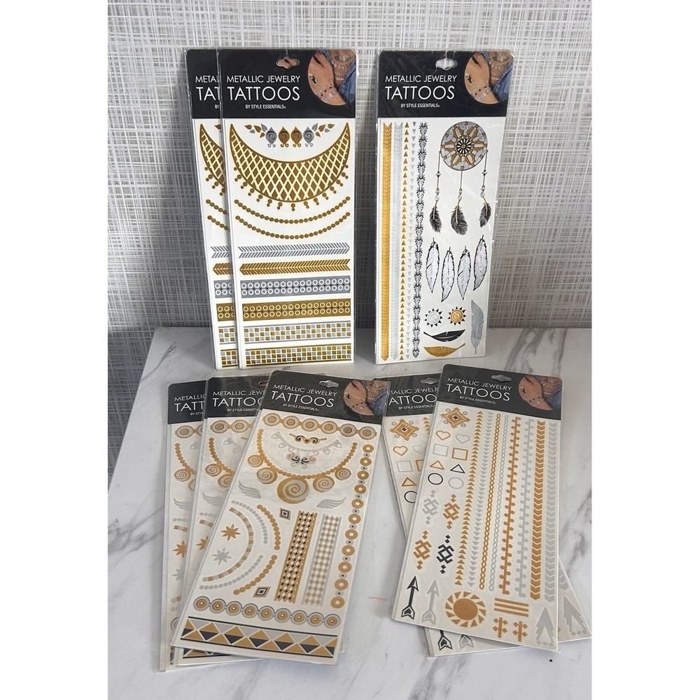 Metallic Jewelry Tattoos Gold Silver Temporary Costume Concert Bundle of 8 TT